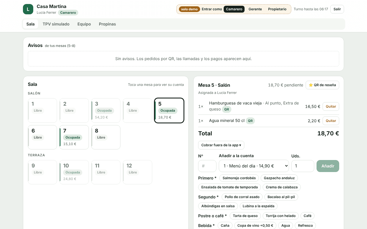 Sala del restaurante en la app del equipo, con mesas y avisos